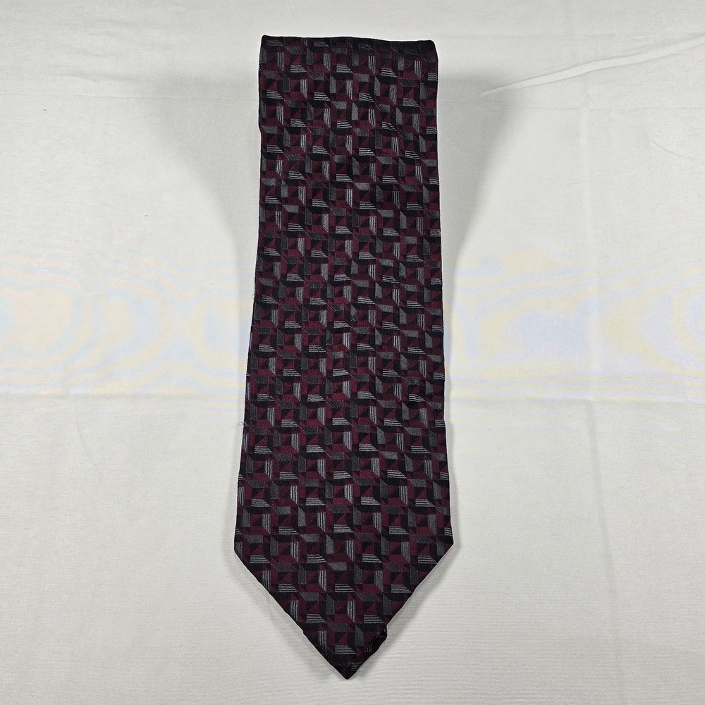 Bachrach Italy Silk Tie Burgundy Gray Geometric Business Old Money Classic